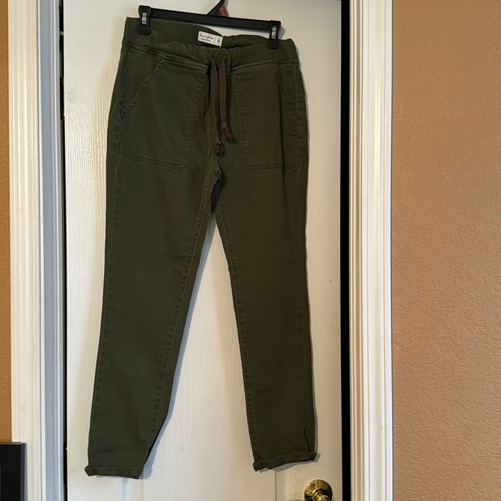 Olive Green Jean with 2 front pockets drawstring with elastic on the sides